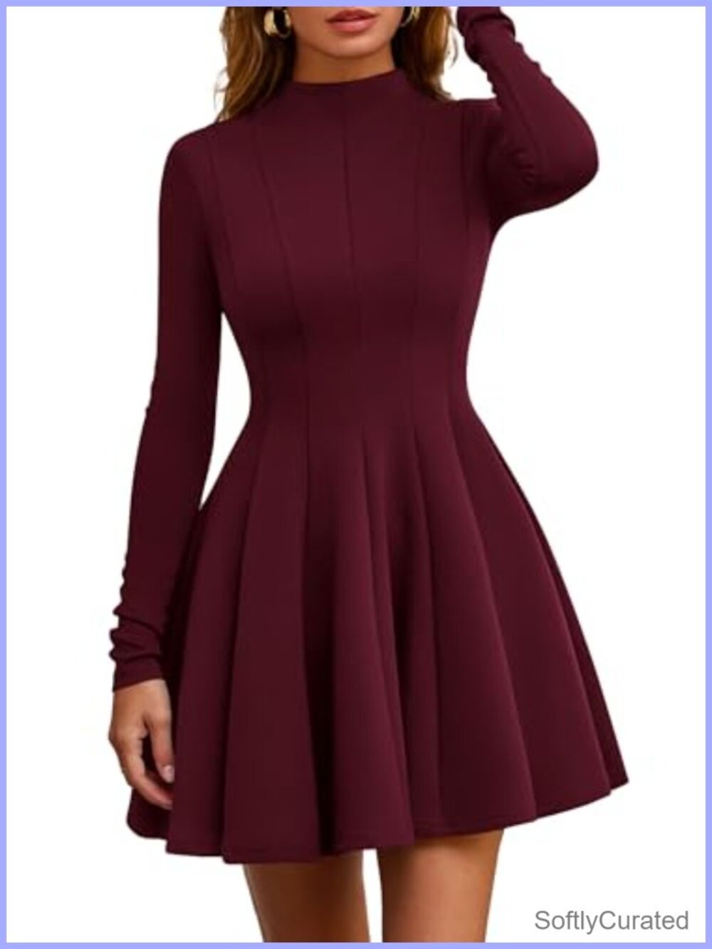 Long Sleeve Fit and Flare Mini Dress Crew Neck Ruffle Hem